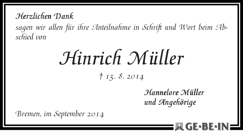 Traueranzeige von Hinrich Müller von WESER-KURIER