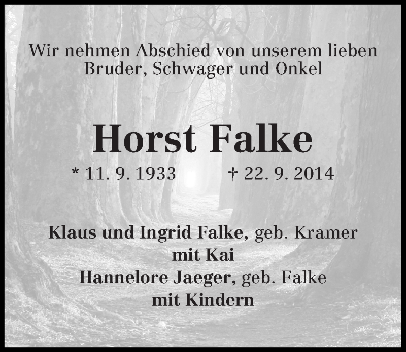Traueranzeige von Horst Falke von WESER-KURIER