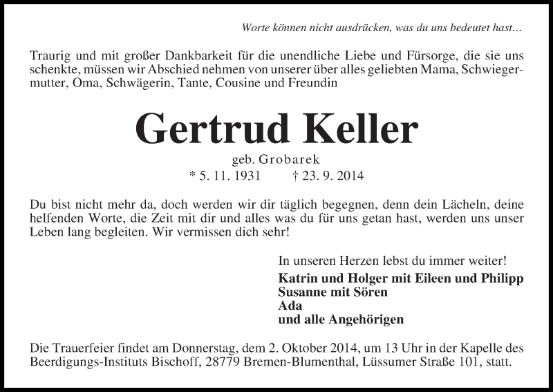 Traueranzeige von Gertrud Keller von Die Norddeutsche