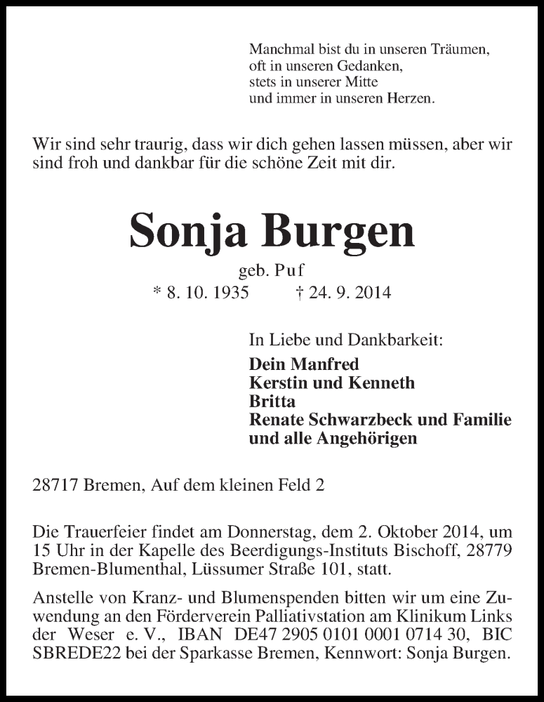 Traueranzeige von Sonja Burgen von Die Norddeutsche