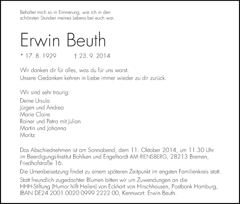 Traueranzeige von Erwin Beuth von WESER-KURIER