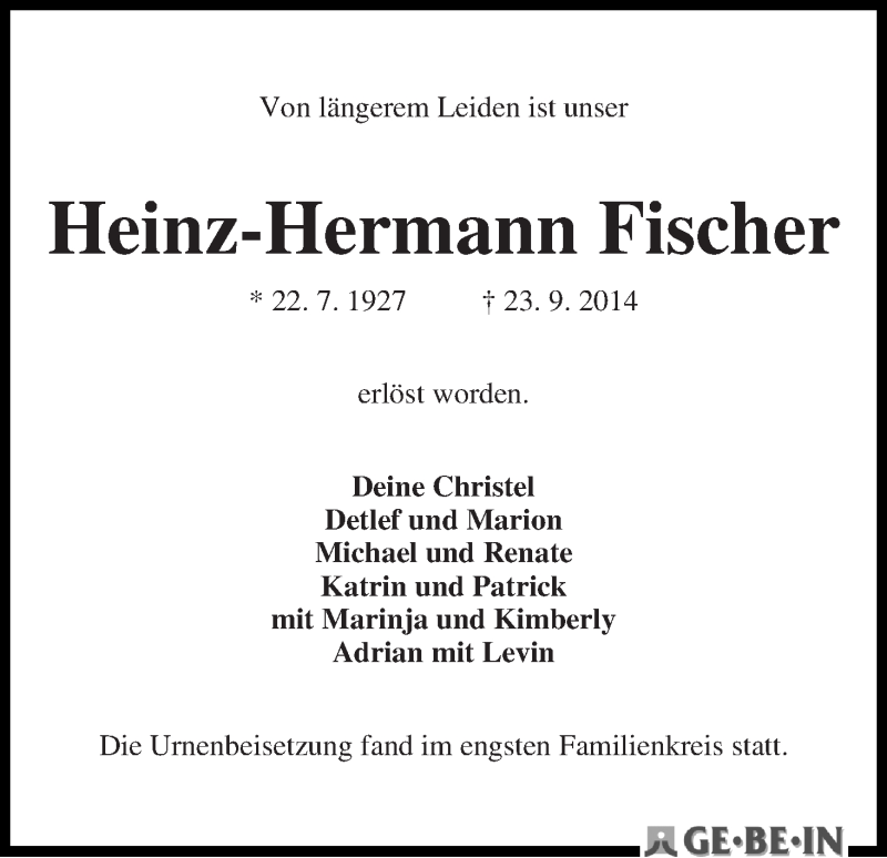 Traueranzeige von Heinz-Hermann Fischer von WESER-KURIER