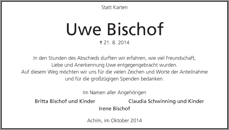 Traueranzeige von Uwe Bischof von WESER-KURIER