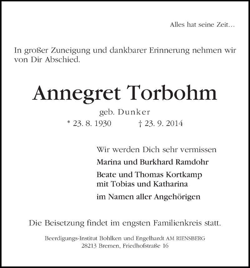 Traueranzeige von Annegret Torbohm von WESER-KURIER