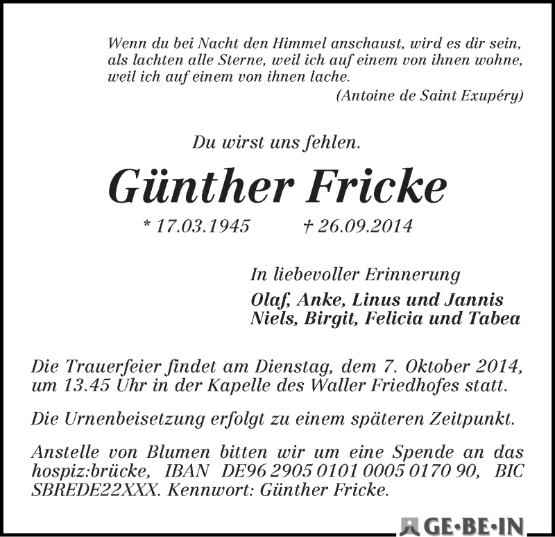 Traueranzeige von Günther Fricke von WESER-KURIER