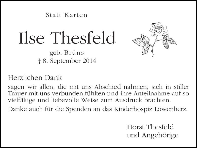 Traueranzeige von Ilse Thesfeld von WESER-KURIER