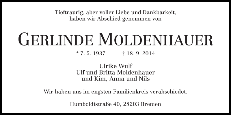 Traueranzeige von Gerlinde Moldenhauer von WESER-KURIER