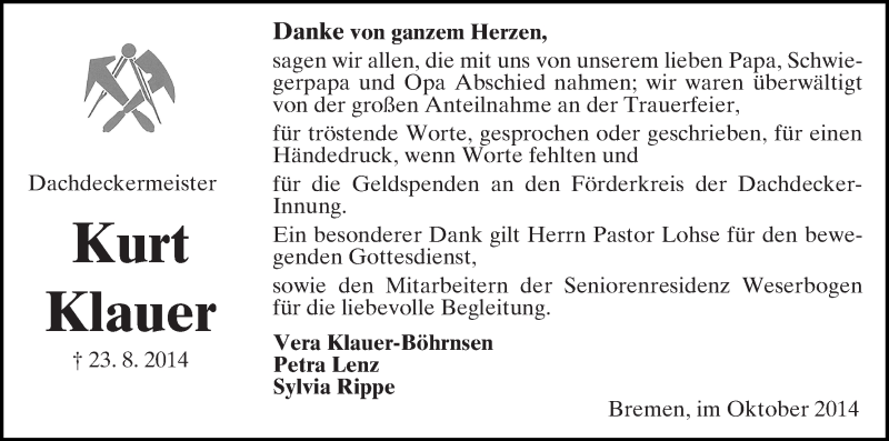 Traueranzeige von Kurt Klauer von WESER-KURIER