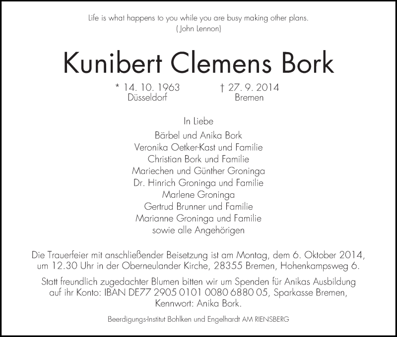 Traueranzeige von Kunibert Clemens Bork von WESER-KURIER