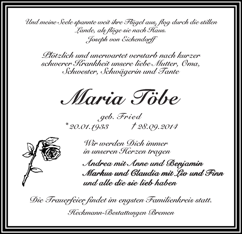 Traueranzeige von Maria Töbe von Die Norddeutsche
