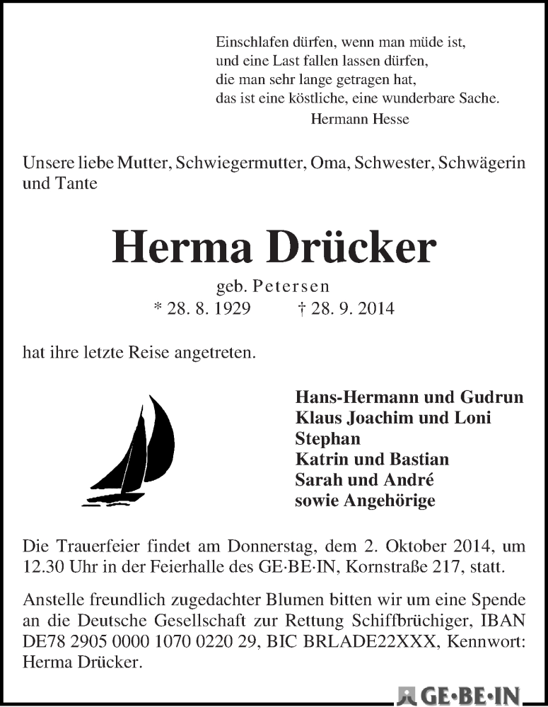 Traueranzeige von Herma Drücker von WESER-KURIER