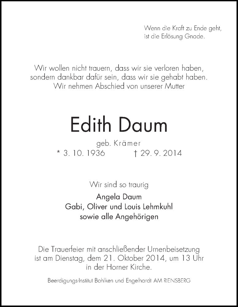 Traueranzeige von Edith Daum von WESER-KURIER