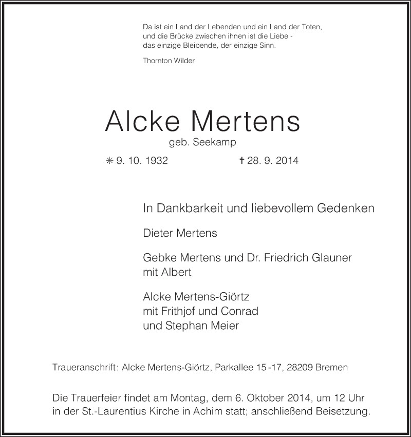 Traueranzeige von Alcke Mertens von Achimer Kurier/Verdener Nachrichten