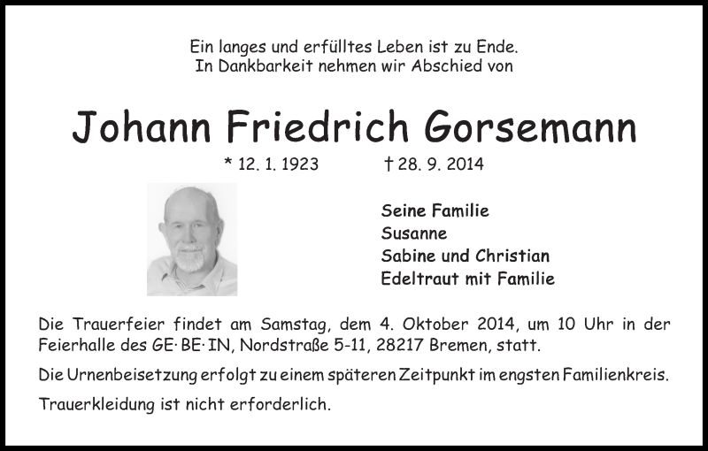 Traueranzeige von Johann Friedrich Gorsemann von WESER-KURIER