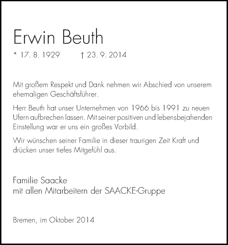 Traueranzeige von Erwin Beuth von WESER-KURIER