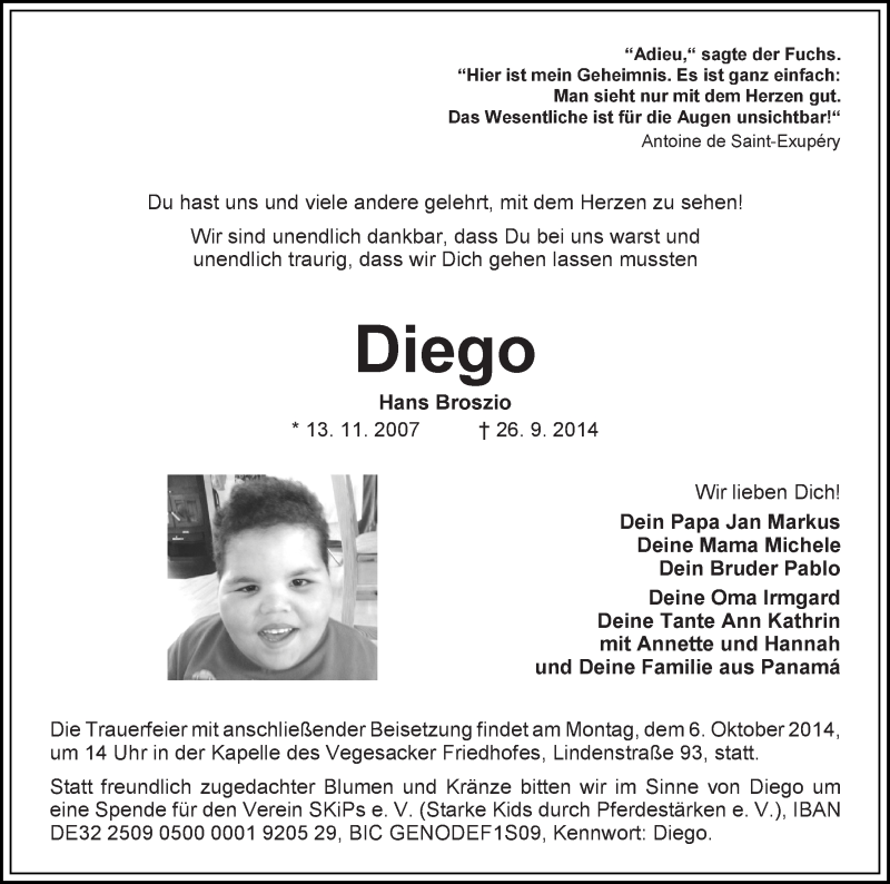 Traueranzeige von Diego Hans Broszio von Die Norddeutsche