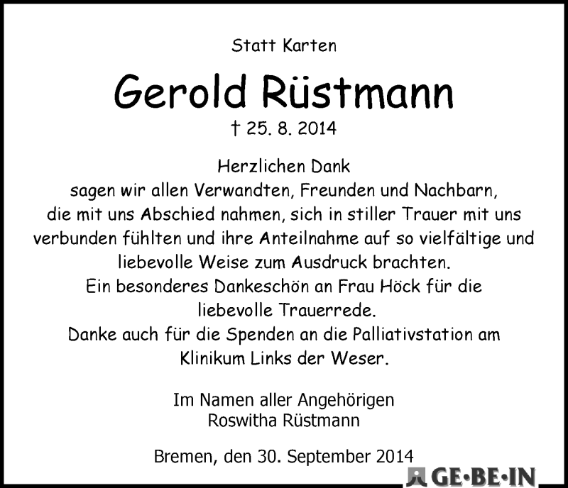 Traueranzeige von Gerold Rüstmann von WESER-KURIER