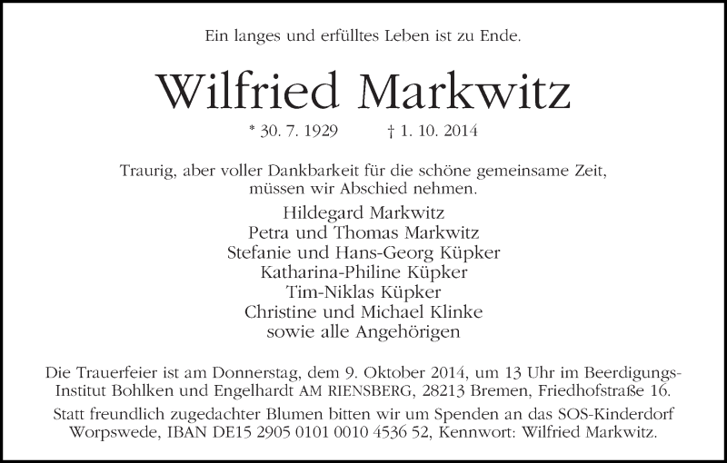 Traueranzeige von Wilfried Markwitz von WESER-KURIER