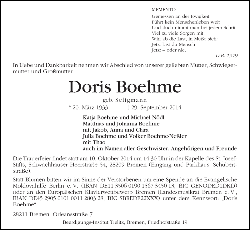 Traueranzeige von Doris Boehme von WESER-KURIER