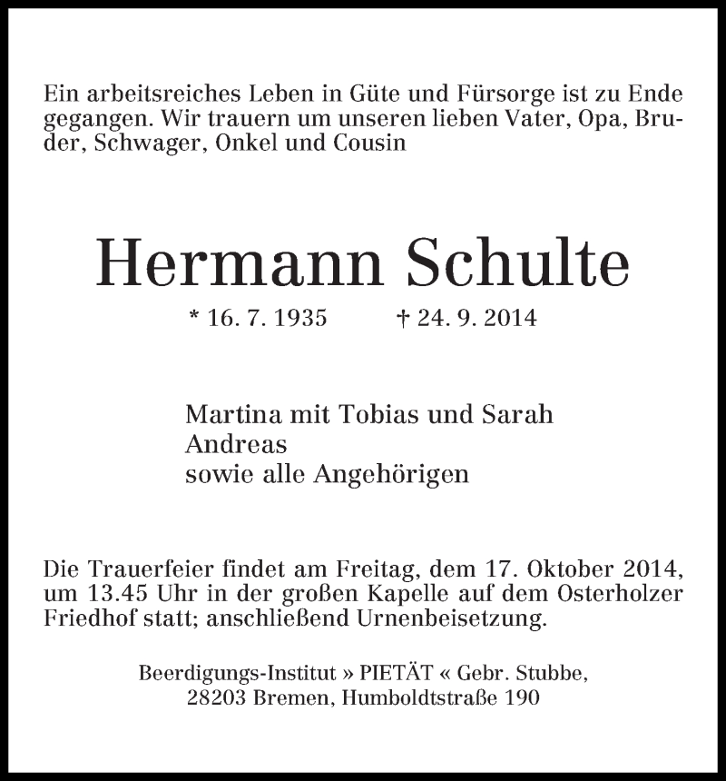 Traueranzeige von Hermann Schulte von WESER-KURIER