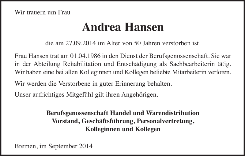 Traueranzeige von Andrea Hansen von WESER-KURIER
