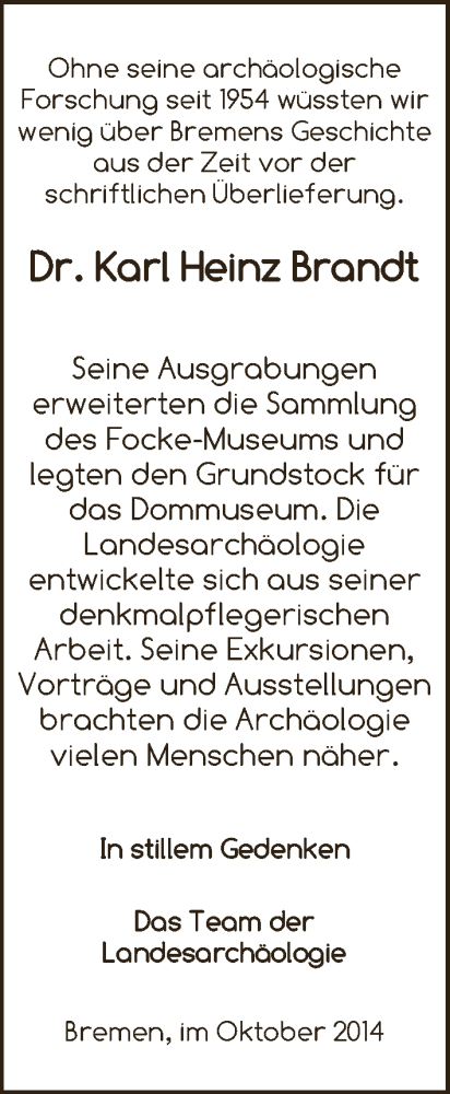 Traueranzeige von Karl Heinz Brandt von WESER-KURIER
