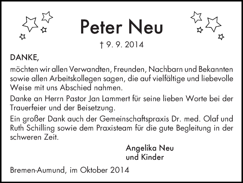 Traueranzeige von Peter Neu von Die Norddeutsche