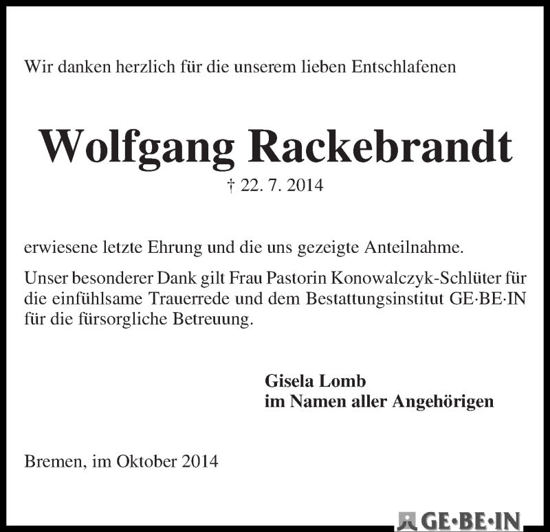 Traueranzeige von Wolfgang Rackebrandt von WESER-KURIER