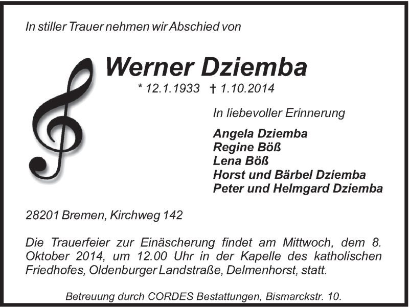 Traueranzeige von Werner Dziemba von WESER-KURIER