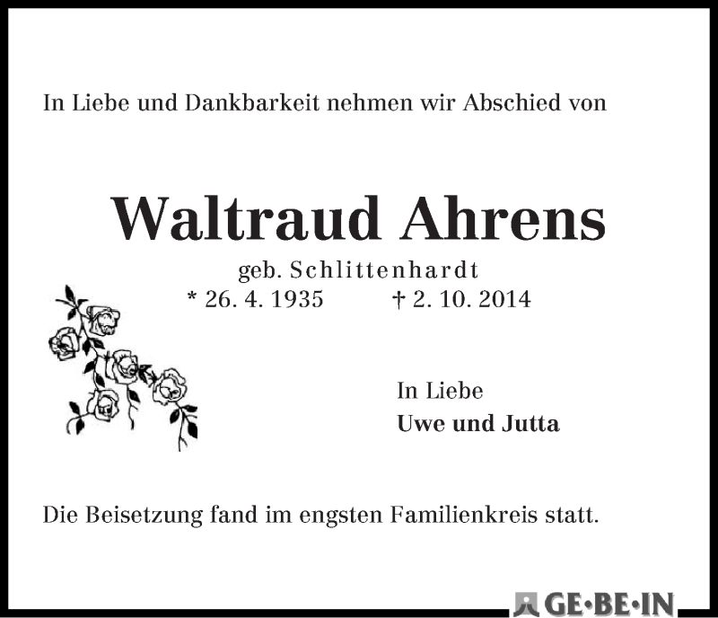 Traueranzeige von Waltraud Ahrens von WESER-KURIER