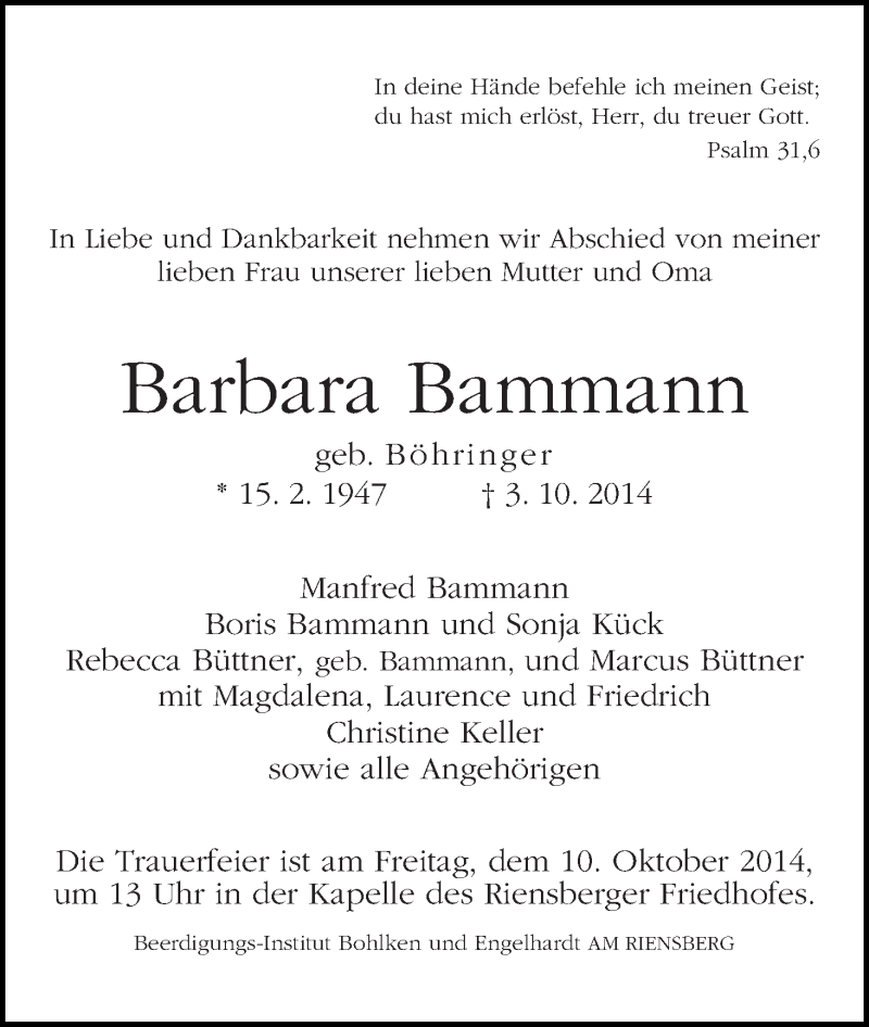 Traueranzeige von Barbara Bammann von WESER-KURIER