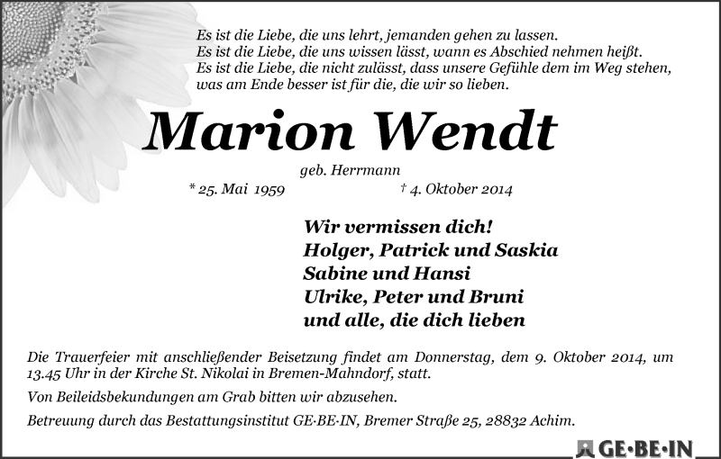 Traueranzeige von Marion Wendt von Achimer Kurier/Verdener Nachrichten