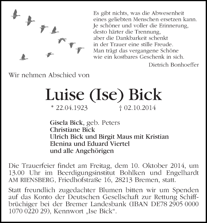 Traueranzeige von Luise (Ise) Bick von WESER-KURIER