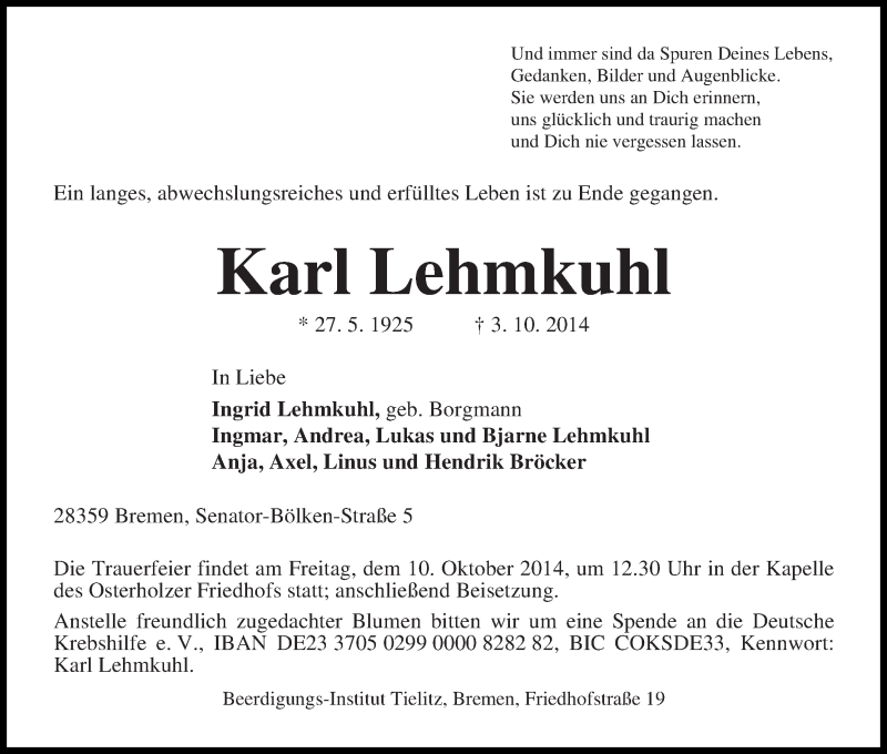 Traueranzeige von Karl Lehmkuhl von WESER-KURIER