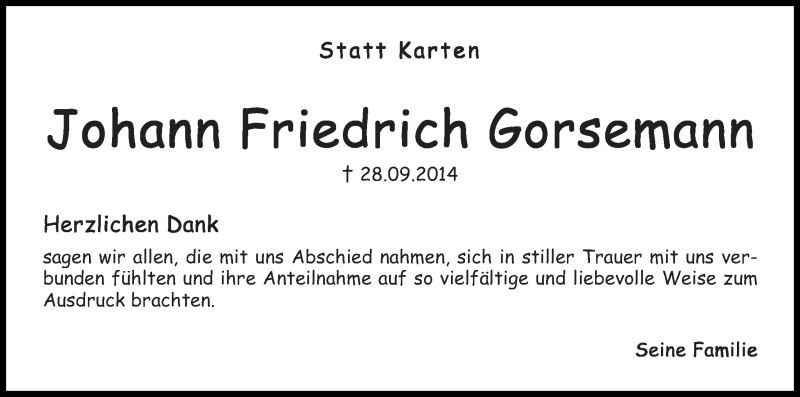 Traueranzeige von Johann Friedrich Gorsemann von WESER-KURIER