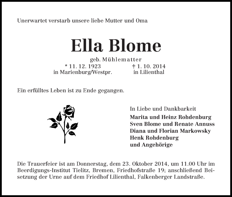Traueranzeige von Ella Blome von Wuemme Zeitung