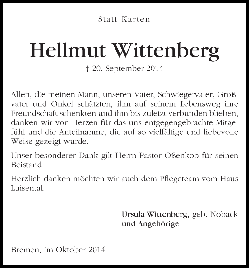 Traueranzeige von Hellmut Wittenberg von WESER-KURIER