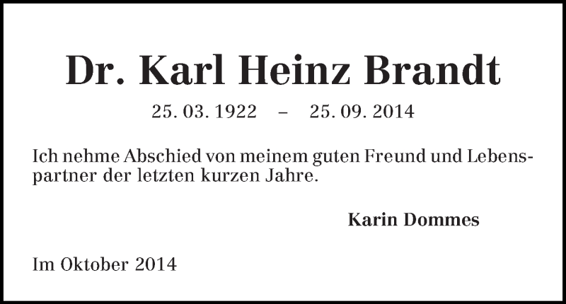 Traueranzeige von Karl Heinz Brandt von WESER-KURIER