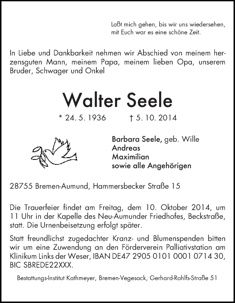 Traueranzeige von Walter Seele von Die Norddeutsche