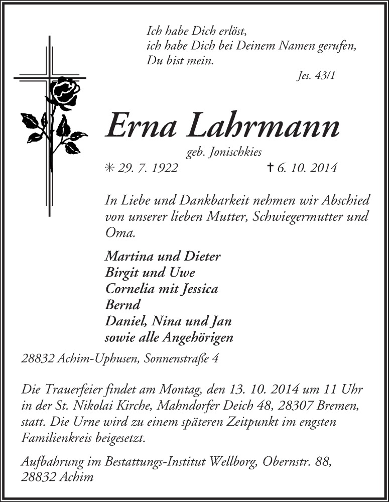 Traueranzeige von Erna Lahrmann von Achimer Kurier/Verdener Nachrichten