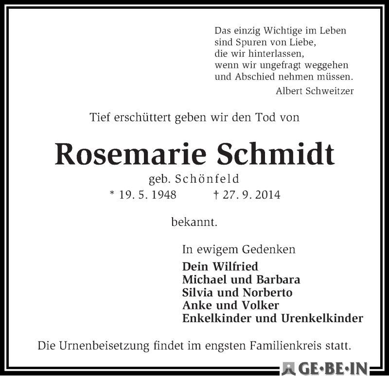 Traueranzeige von Rosemarie Schmidt von WESER-KURIER