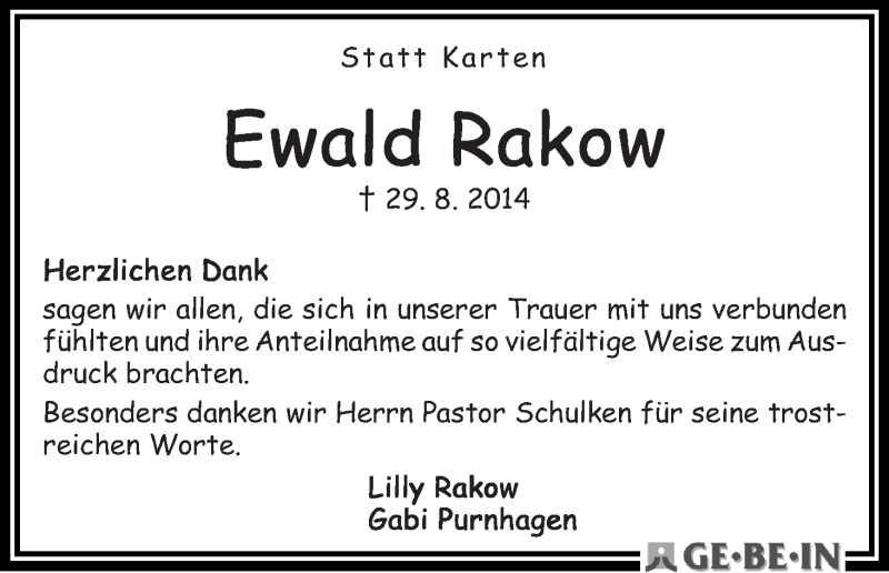 Traueranzeige von Ewald Rakow von WESER-KURIER