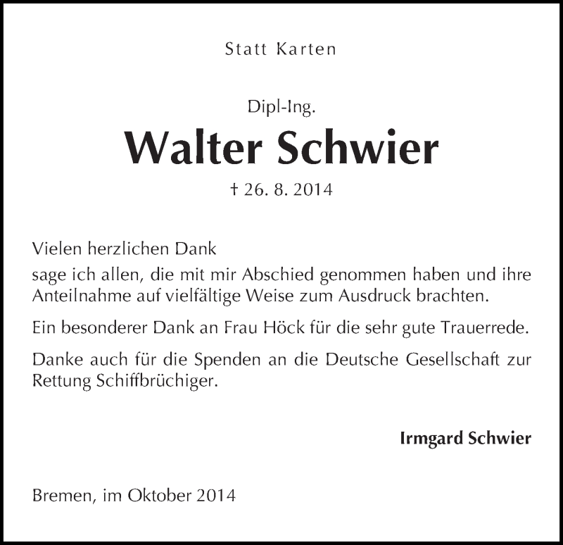 Traueranzeige von Walter Schwier von WESER-KURIER