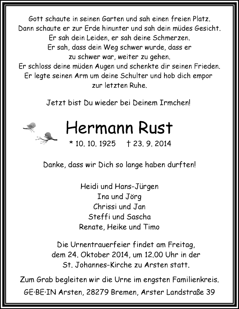 Traueranzeige von Hermann Rust von WESER-KURIER
