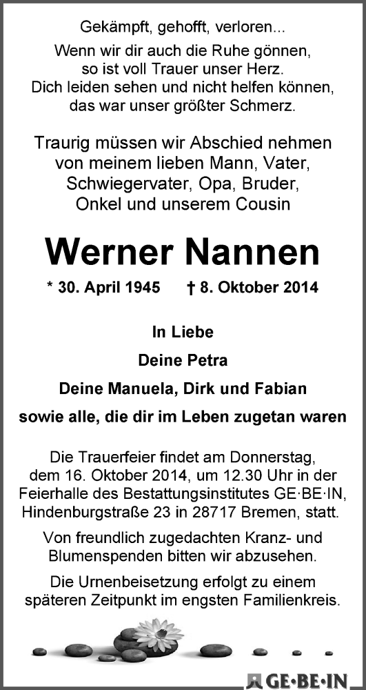 Traueranzeige von Werner Nannen von WESER-KURIER