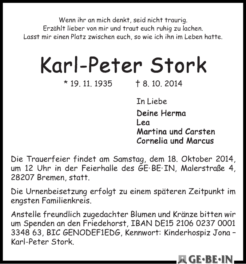 Traueranzeige von Karl-Peter Stork von WESER-KURIER