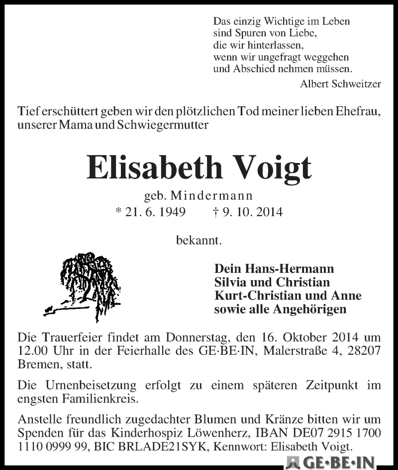 Traueranzeige von Elisabeth Voigt von WESER-KURIER