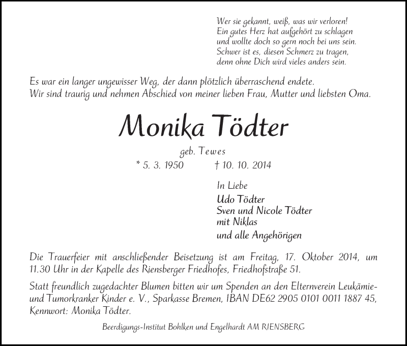 Traueranzeige von Monika Tödter von WESER-KURIER