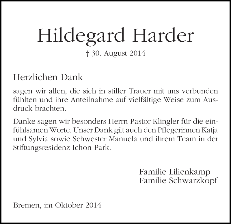 Traueranzeige von Hildegard Harder von WESER-KURIER