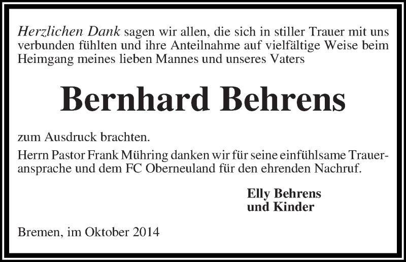 Traueranzeige von Bernhard Behrens von WESER-KURIER